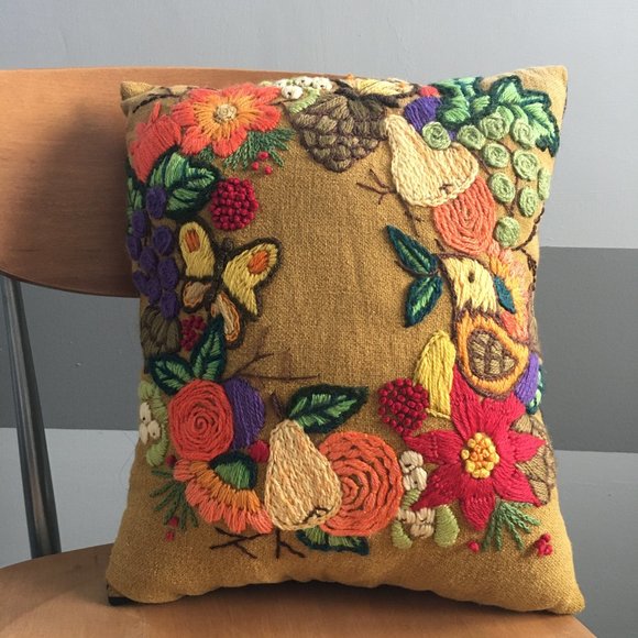 Vintage Other - Vintage Finished Crewel Embroidery Repurposed Floral Rectangular Accent Pillow